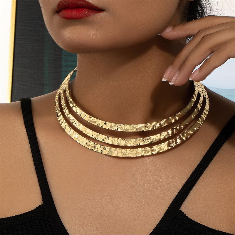 Hewill Store قلادة ذهبية سميكة قلادة بيان كبيرة للنساء قبيلة أفريقية طوق معدني عريض مجوهرات - Image 3
